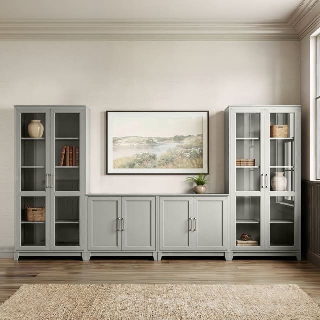 Bedford Set of 2 Modular Shaker Storage Cabinets and 2 Tall Media Cabinets, Premium Hardware, Solid Wood Frame/Legs, Soft-Close Doors, Bedford Gray