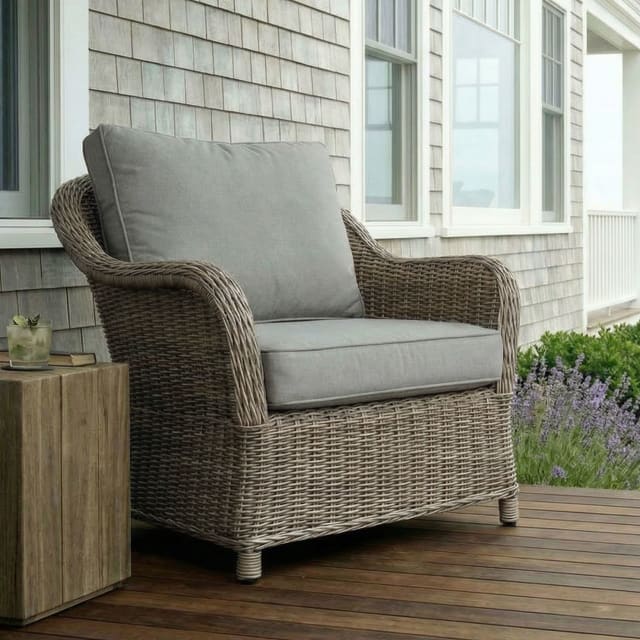 Lily Pond Indoor-Outdoor Patio Club Chair in Weathered Gray Rattan Wicker with Gray All-Weather Cushions