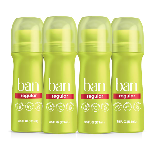Ban Invisible Roll-On Antiperspirant Deodorant, Regular Scent, 3.5 oz, 4pk