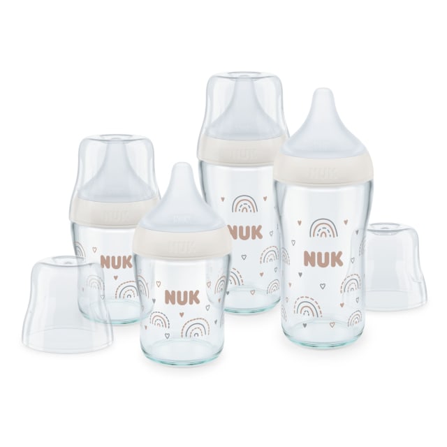 NUK Perfect Match Glass Baby Bottles Set | 3+ Months | Adapts to Baby's Palate | Temperature Control | Anti Colic Vent | 120 ml & 230 ml | BPA-Free | Silicone Teats | Rainbow | 4 Count
