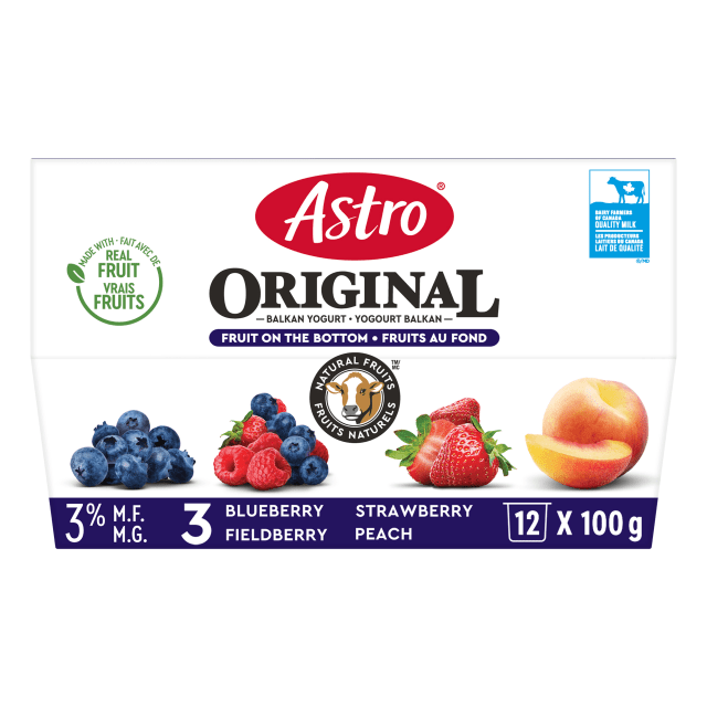 Astro Original Peach/Fieldberry/Strawberry/Blueberry Fruit on the Bottom Yogurt 4%, 12x100g