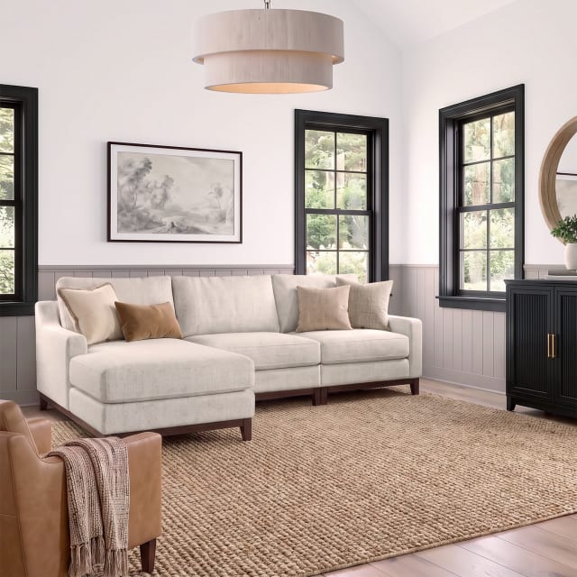 Bedford 3-Piece Modular Sectional Sofa Set, Right Facing Chaise, Double Center Unit, Left Facing Unit, Solid Wood Frame and Tapered Legs, Ivory