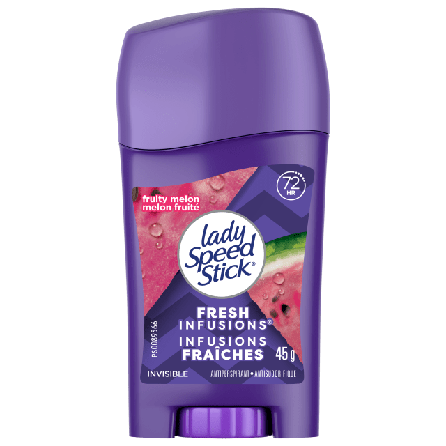 Déodorant antisudorifique Lady Speed Stick Fresh Infusions pour femmes, protection de 72 heures contre les odeurs et la transpiration, Invisible Dry, parfum Melon juteux, bâton de 45 g