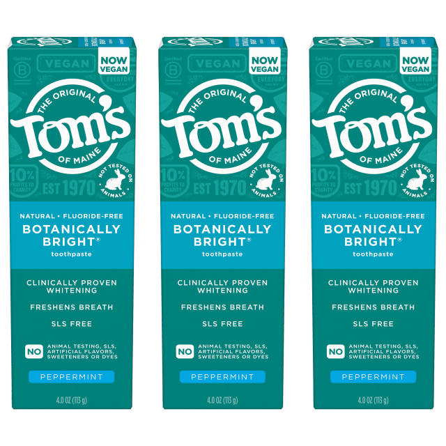 Tom’s of Maine Botanically Bright Natural Whitening Toothpaste, Fluoride Free and SLS Free, Vegan, Peppermint, 3 Pack, 4.0 Oz