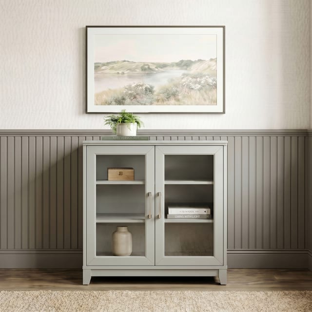 Bedford Modular Shaker Storage Cabinet, Glass Soft-Close Doors, Brushed Stainless Steel Hardware, Adjustable Shelf, Solid Wood Frame/Legs, Bedford GY