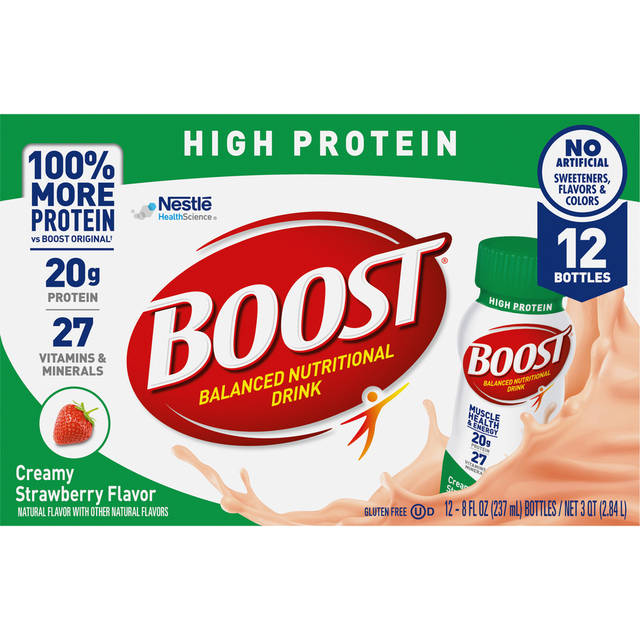 BOOST High Protein Nutritional Drink, Creamy Strawberry, 20 g Protein, 12 - 8 fl oz Bottles