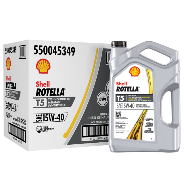 Huile moteur diesel Shell Rotella T5 mélange synthétique 15W-40, 5 litres (caisse de 3)