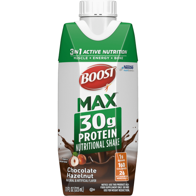 BOOST Max Protein Nutritional Shake, Chocolate Hazelnut, 30g Protein, 18 -11 FL OZ (325 mL) Cartons