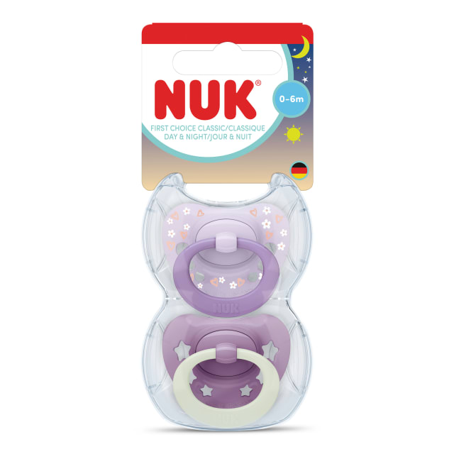 NUK First Choice Classic Night Baby Pacifiers, 0-6 Months, Orthodontic Pacifiers that Glow in the Dark, 95% Baby Acceptance**, Purple, 2 Count