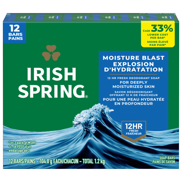 Pain de savon désodorisant Irish Spring Moisture Blast pour homme, Savon désodorisant offrant 12 heures de fraîcheur, Pain de 104,8 g (lot de 12)
