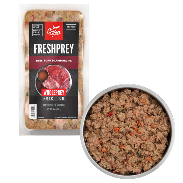 ORIJEN FRESHPREY Frozen Dog Food – 100% Human Grade, Gently Steam Cooked, Thaw and Serve - 85% Animal Ingredients* – Beef, Pork & Lamb Recipe – Complete Food for Adult Dogs