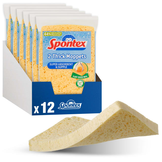 Spontex 12 Thick Sponge Moppets Value Pack | 16 x 12cm | Super Absorbent & Supple Plant-Based Cleaning Sponges | 12 Count
