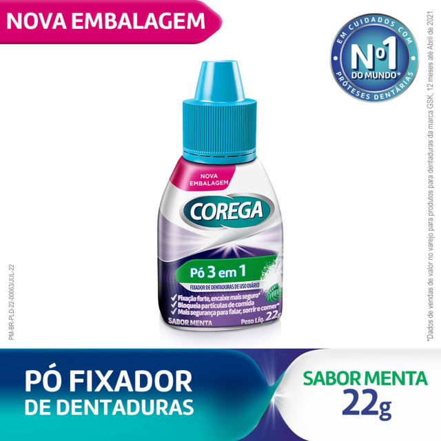 Corega Pó 3 em 1 Fixador de Dentadura Forte Fixação Sabor Menta 22g