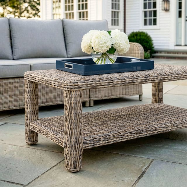 Lily Pond Indoor-Outdoor Patio Coffee Table with Lower Storage Shelf in Weathered Gray Rattan Wicker