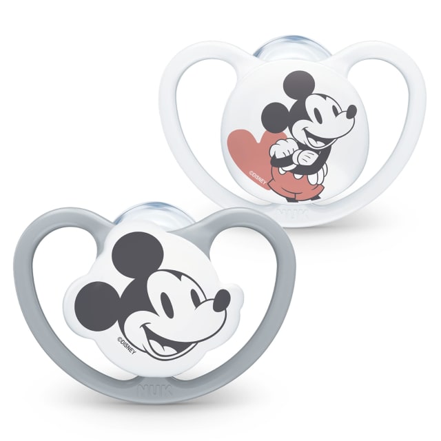 NUK Space Baby Dummy | 0-6 Months | Soothers with Extra Ventilation for Sensitive Skin | BPA-Free Silicone | Disney Mickey or Minnie Mouse | 2 Count