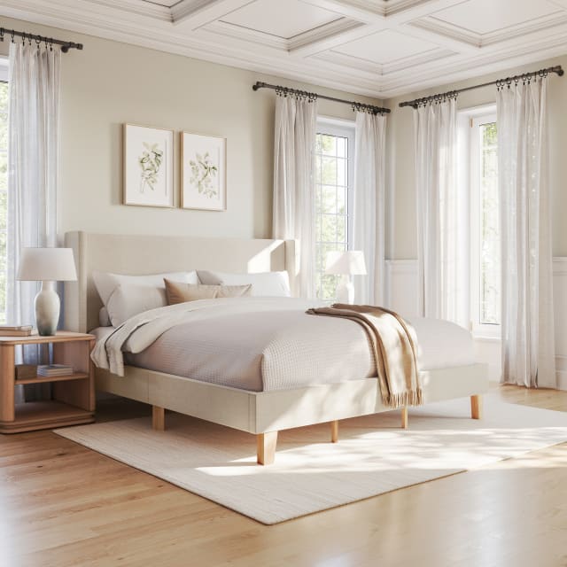 Maisie King Upholstered Platform Bed with Wingback Headboard and Cushioned Siderails, Wood Slat Foundation, No Box Spring Needed, Beige