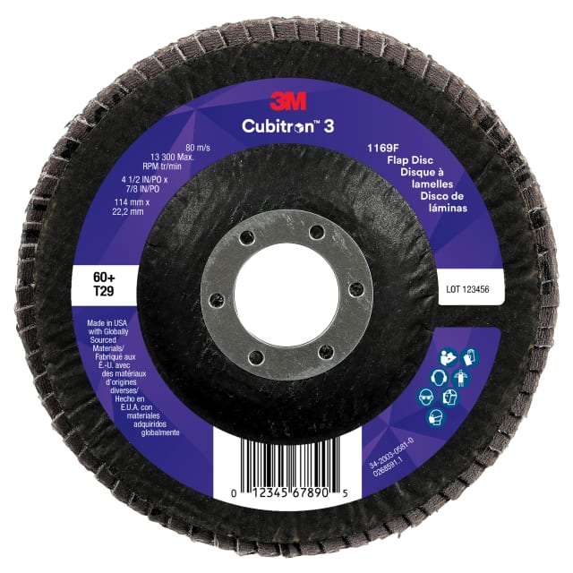 Disco Flap 3M™ Cubitron™ 3 1169F, 60+, T29-Cônico, 114,3 mm x 22,23 mm, 10 unidades/caixa