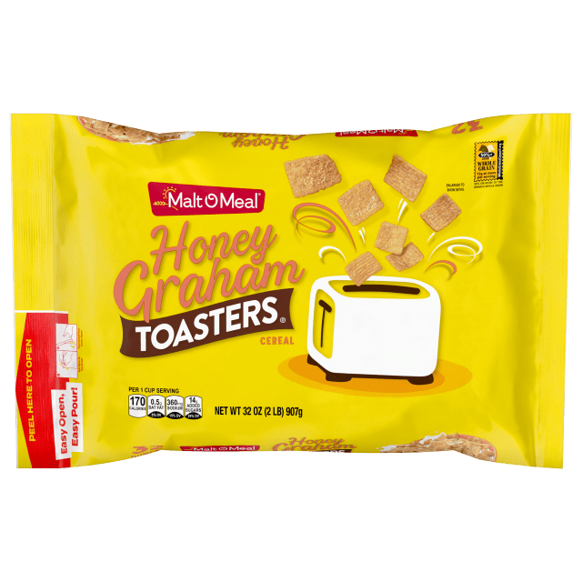 Malt-O-Meal Honey Graham Toasters Breakfast Cereal, Honey Graham Cereal Squares, 32 oz Bag