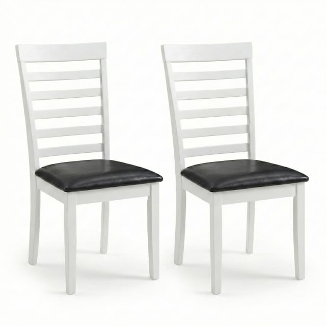 Traditional Dining Chairs, Set of 2, White Finish with Black PU Leather Upholstered Seats Solid Rubberwood