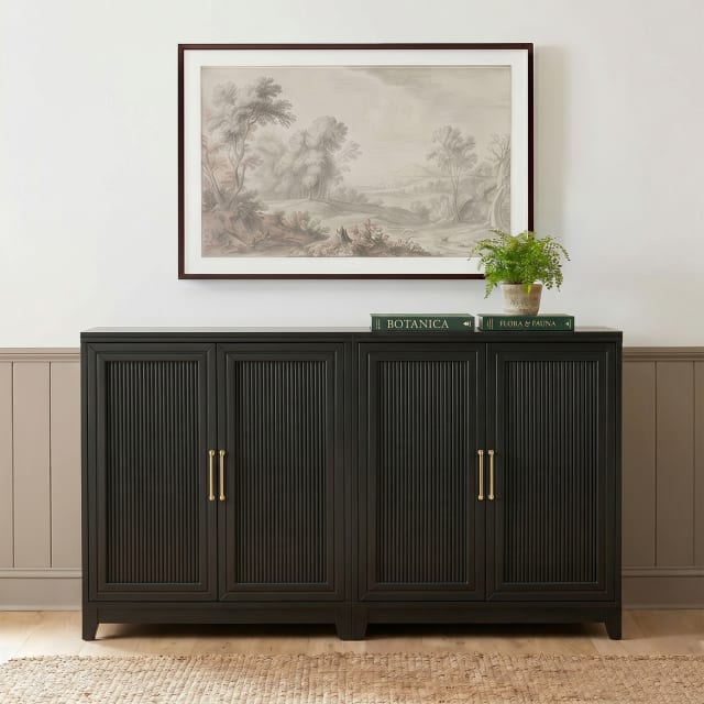 Bedford Fluted Set of 2 Modular Storage Cabinets with Adjustable Shelf, Soft-Close Doors with Gold Hardware, Solid Wood Frames and Legs, Black