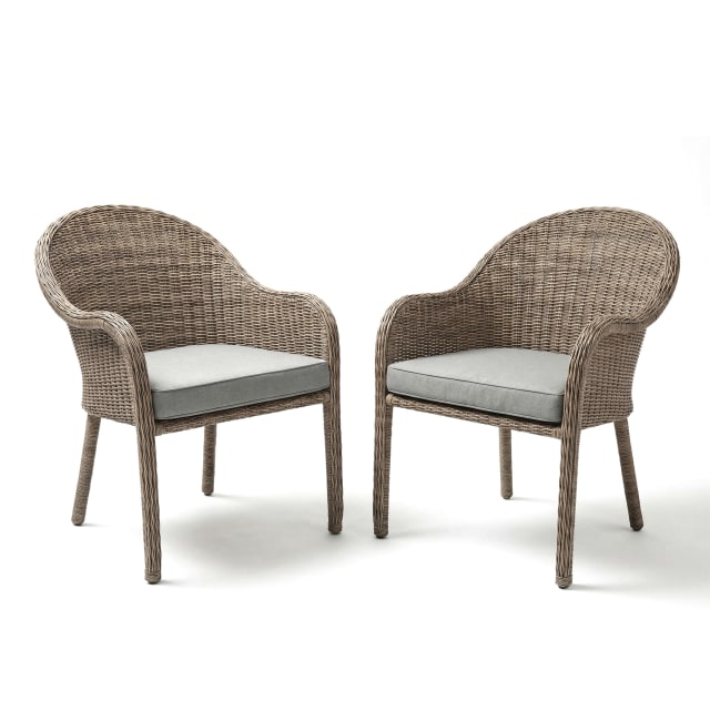 Lily Pond Set of 2 Indoor-Outdoor Stackable Patio Dining Armchairs in Weathered Gray Rattan Wicker with Gray All-Weather Seat Cushions