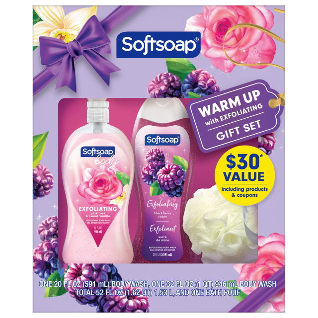 Softsoap Exfoliating Body Wash Gift Set — Includes 32 fl oz Pink Rose & Sweet Vanilla Pump Bottle and 20 fl oz Blackberry Sugar Bottle + Pouf