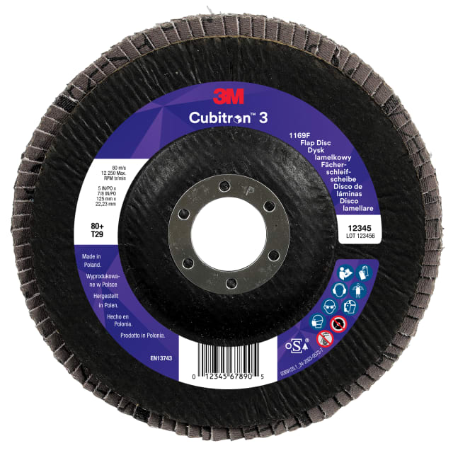 3M™ Cubitron™ 3 Fächerschleifscheibe 1169F, 80+, T29-Konisch, 125 mm x 22,23 mm, 10/Pack, 100 Stück/Packung