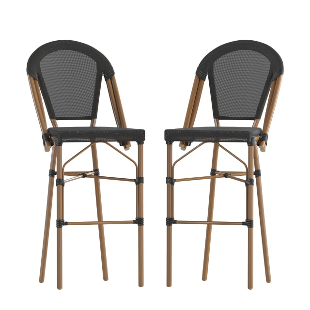 Marseille Set of 2 Stackable Indoor/Outdoor Bistro 30" High Barstools, Commercial Grade, Black and Bamboo Finish