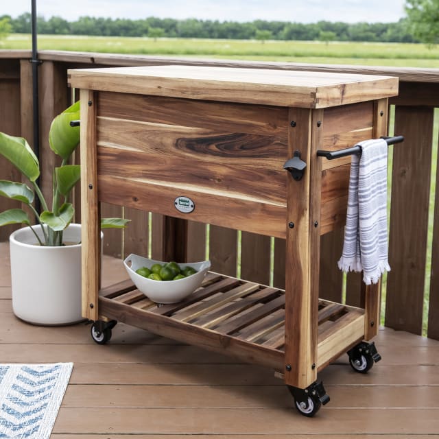 94.6L Acacia Wood Patio Bar Cart Beverage Cooler