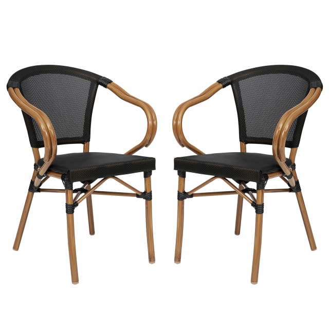 2 Pack Marseille Indoor/Outdoor Commercial Bistro Stacking Chair with Arms, Black Textilene and Bamboo Print Aluminum Frame in Natural