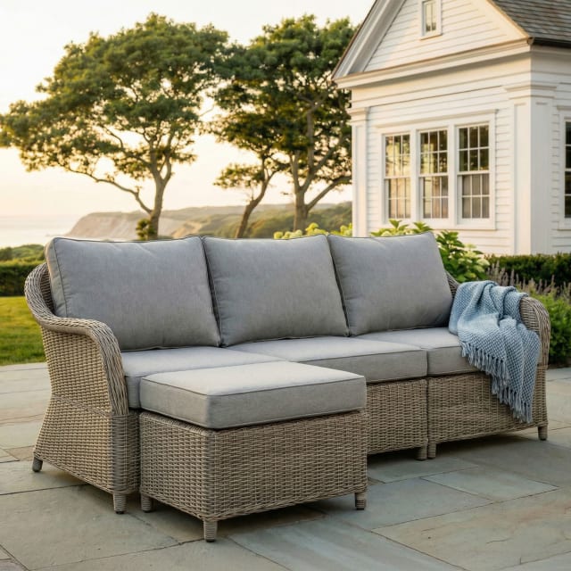 Lily Pond Indoor-Outdoor Modular 3-Seat Patio Sofa with Ottoman in Weathered Gray Rattan Wicker with Gray All-Weather Cushions