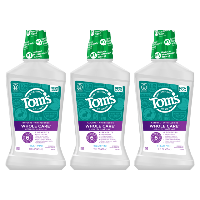 Tom's of Maine Whole Care Natural Fluoride Mouthwash, Fresh Mint, 16 oz. 3-Pack