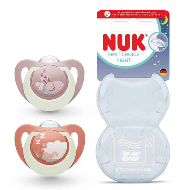 NUK First Choice Night Chupete para beb | 0-6 meses | Chupetes ortodnticos que brillan en la oscuridad | Calma al 99% de los bebs** | Conejo / Oveja | 2 unidades