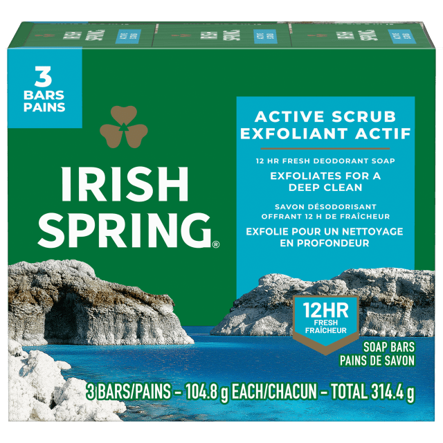 Pain de savon exfoliant Irish Spring Active Scrub pour homme, Avec huile de lin, Savon désodorisant offrant 12 heures de fraîcheur, Pain de 104,8 g (lot de 3)