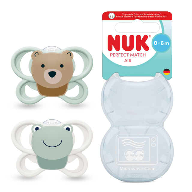 NUK Perfect Match Air Chupete para beb | 0-6 meses | Chupetes ortodnticos que facilitan la ventilacin y evitan la irritacin | 95% de aceptacin por parte de los bebs** | Oso / Rana | 2 unidades