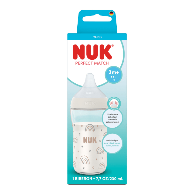 Biberon en verre pour bb NUK Perfect Match, 3+mois, 230ml, biberon anti-coliques, indicateur de contrle de la temprature, arc-en-ciel, 1pice