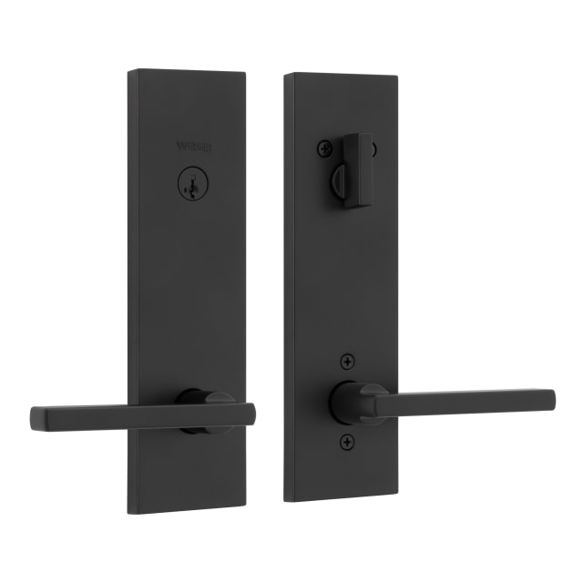 Weiser Halifax Exterior Door Lock Set in Matte Black Single Cylinder with Halifax Door Handle and Plate with SmartKey Security