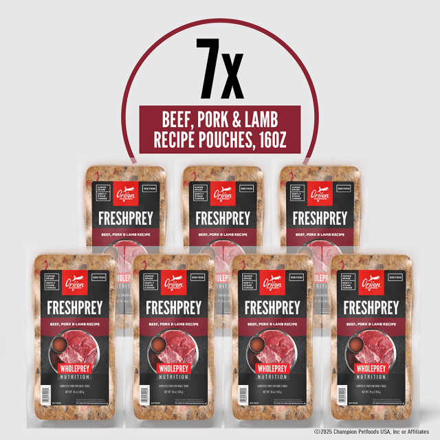ORIJEN FRESHPREY Frozen Dog Food – 100% Human Grade, Gently Steam Cooked, Thaw and Serve - 85% Animal Ingredients* – Beef, Pork & Lamb Recipe – Complete Food for Adult Dogs