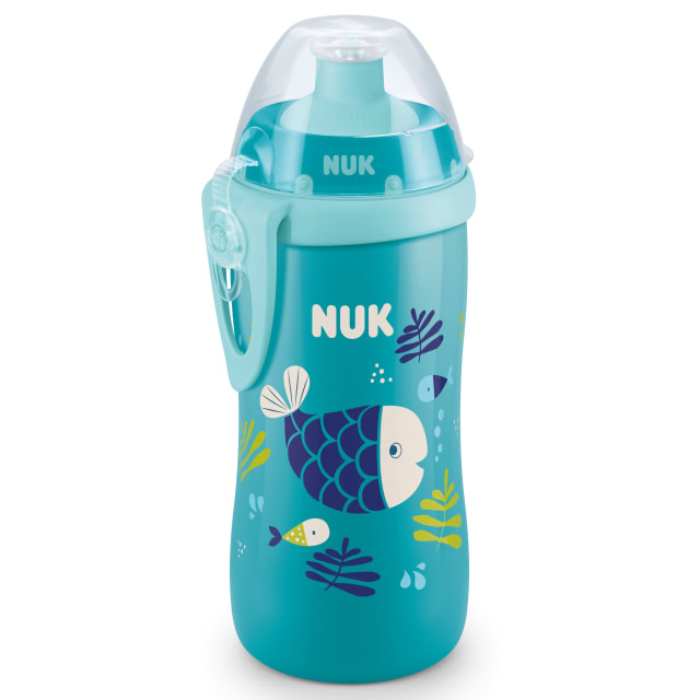 NUK Junior Cup Kids Water Bottle with Chameleon Effect | Colour Changing Leak-Proof Sippy Cup with Soft Push-Pull Spout | 18+ Months | Clip & Protective Cap | 300 ml | BPA-Free | Fish (Blue)