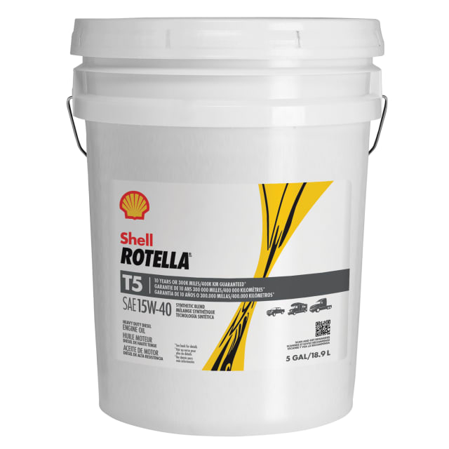 Huile moteur diesel Shell Rotella T5 mélange synthétique  15W-40, seau de 5 gallons