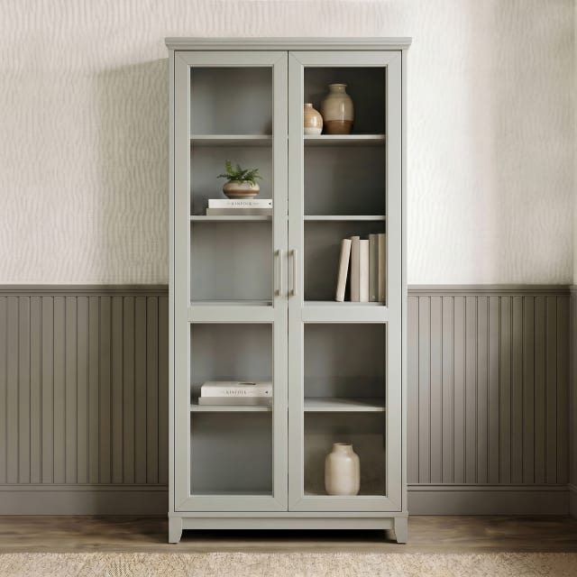 Bedford Modular Shaker Tall Storage Cabinet with Soft-Close Glass Doors and Brushed Stainless Steel Hardware, 4 Adjustable Shelves, Bedford Gray