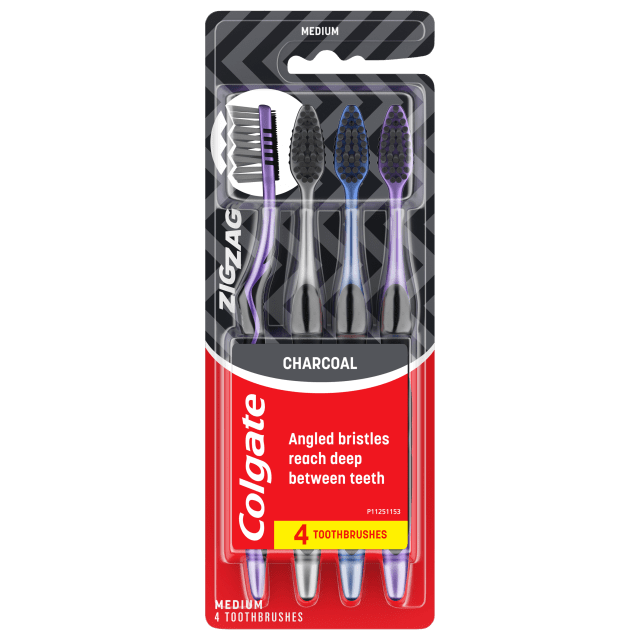 Colgate ZigZag Charcoal Adult Medium Toothbrushes, 4 Pack