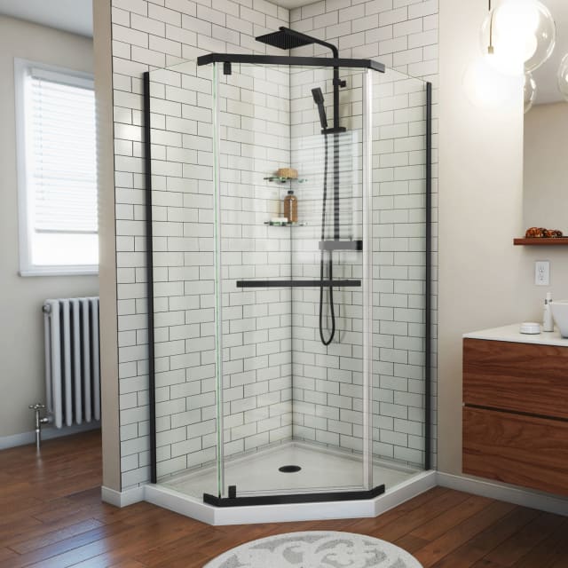 DreamLine Prism 36 inch D x 36 inch W x 74 3/4 inch H Frameless Neo-Angle Pivot Shower Enclosure in Matte Black with White Shower Base Kit