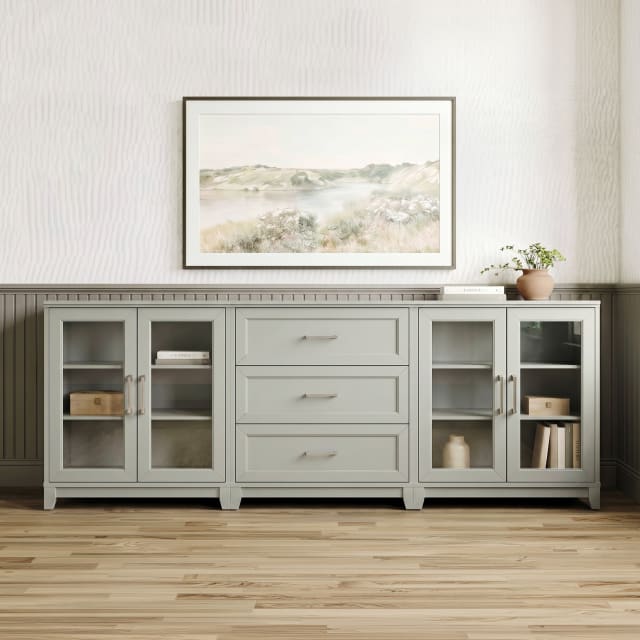 Bedford 2-Piece Modular Shaker Cabinet and 3-Drawer Base Cabinet Set with Brushed Stainless Steel Hardware, Soft-Close Glass Doors, Bedford Gray