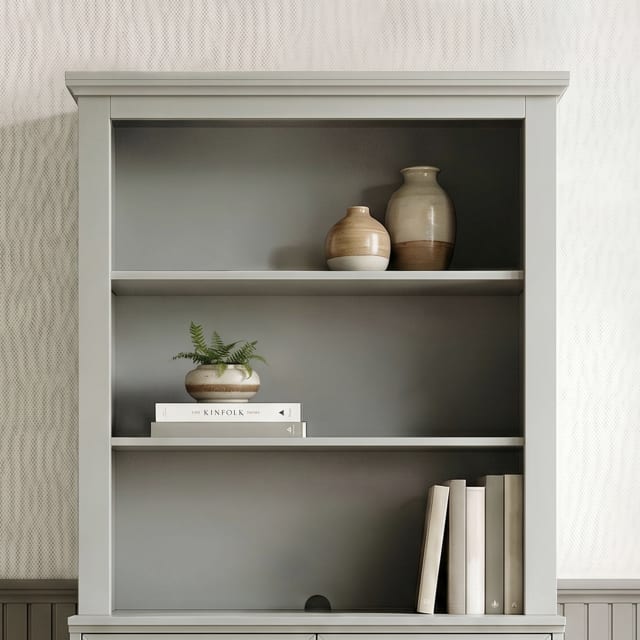 Bedford Modular Shaker Wooden Hutch with 2 Fixed Storage Shelves, Solid Wood Frame and Rear Cable Management Opening, Bedford Gray