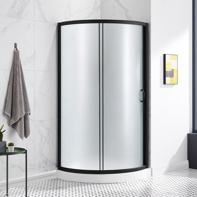 Breeze 33 in. L x 33 in. W x 77 in. H Round Corner Shower Kit Frosted Sliding Door and Shower Base Pan (Walls not Included)