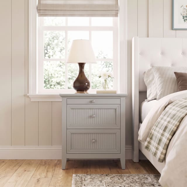 Bedford Fluted 2-Drawer Nightstand with Charging Station, Pull-out Shelf and Solid Wood Frame, Bedford Gray, Set of 2