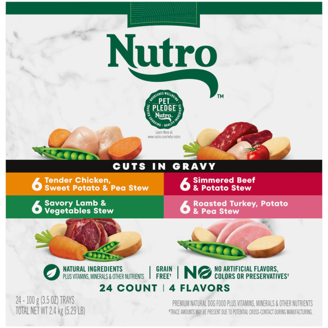 NUTRO Adult Natural Grain Free Wet Dog Food Cuts in Gravy Beef, Lamb, Chicken, and Turkey Variety Pack, (24) 3.5 oz. Trays