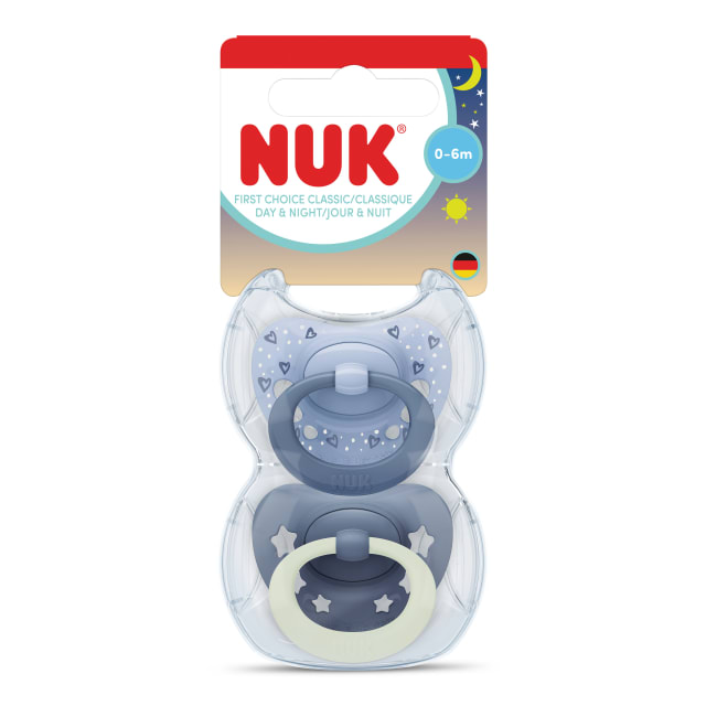 NUK First Choice Classic Night Baby Pacifiers, 0-6 Months, Orthodontic Pacifiers that Glow in the Dark, 95% Baby Acceptance**, Blue, 2 Count