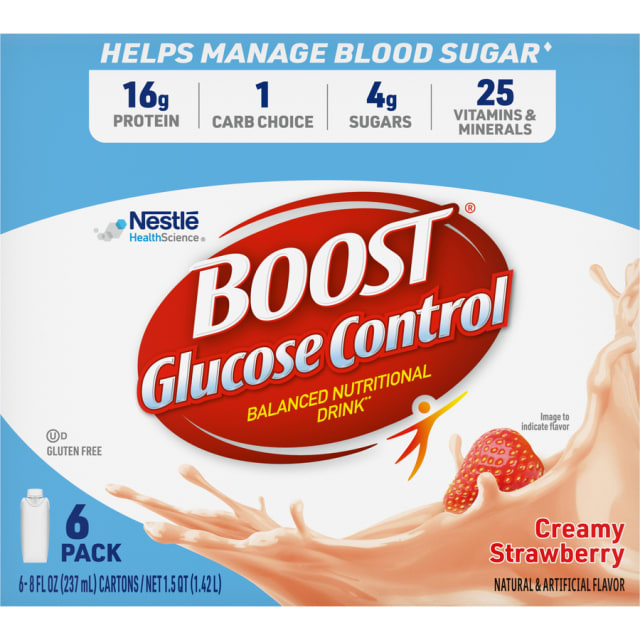 BOOST Glucose Control Nutritional Drink Protein Shakes, Creamy Strawberry, 8 fl oz, 6 Pack